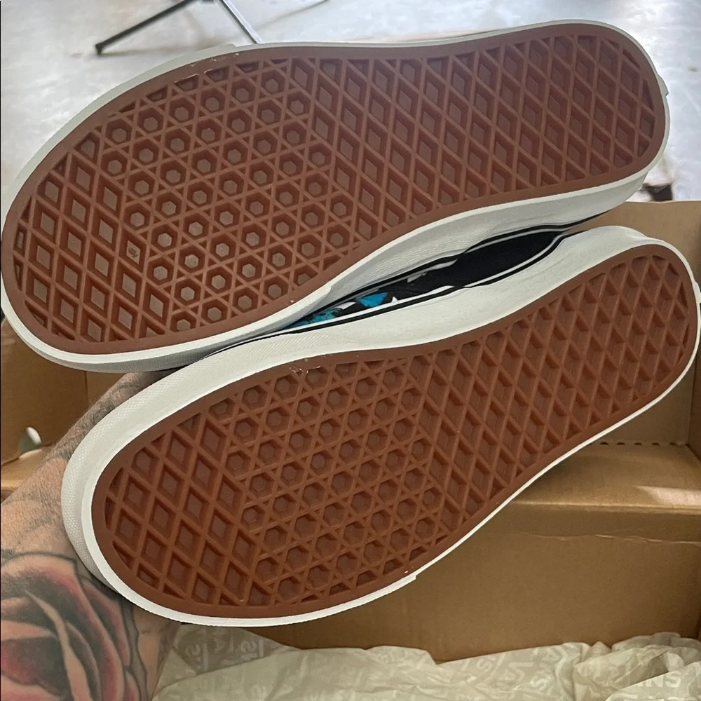 Vans Black and White Checkered Slip-Ons with Blue Butterflies - Picture 2 of 5